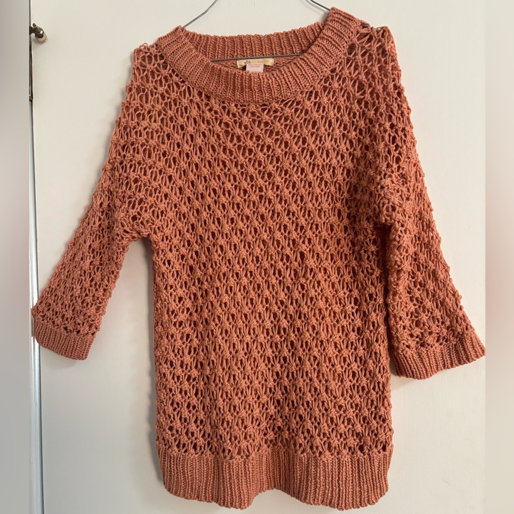Tulle Open-Knit Scoop Neck Sweater in Terracotta